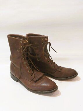 Justin Lace-Up Boots Womens 8 B Brown Leather Diamond J Roper Kiltie Fringe